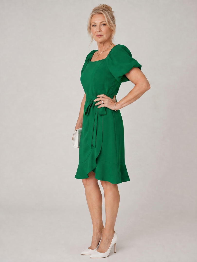 Women's Short Puff Sleeve Mini Dress with Side Tie for Casual Daytime