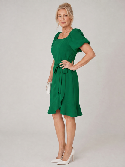 Women's Short Puff Sleeve Mini Dress with Side Tie for Casual Daytime