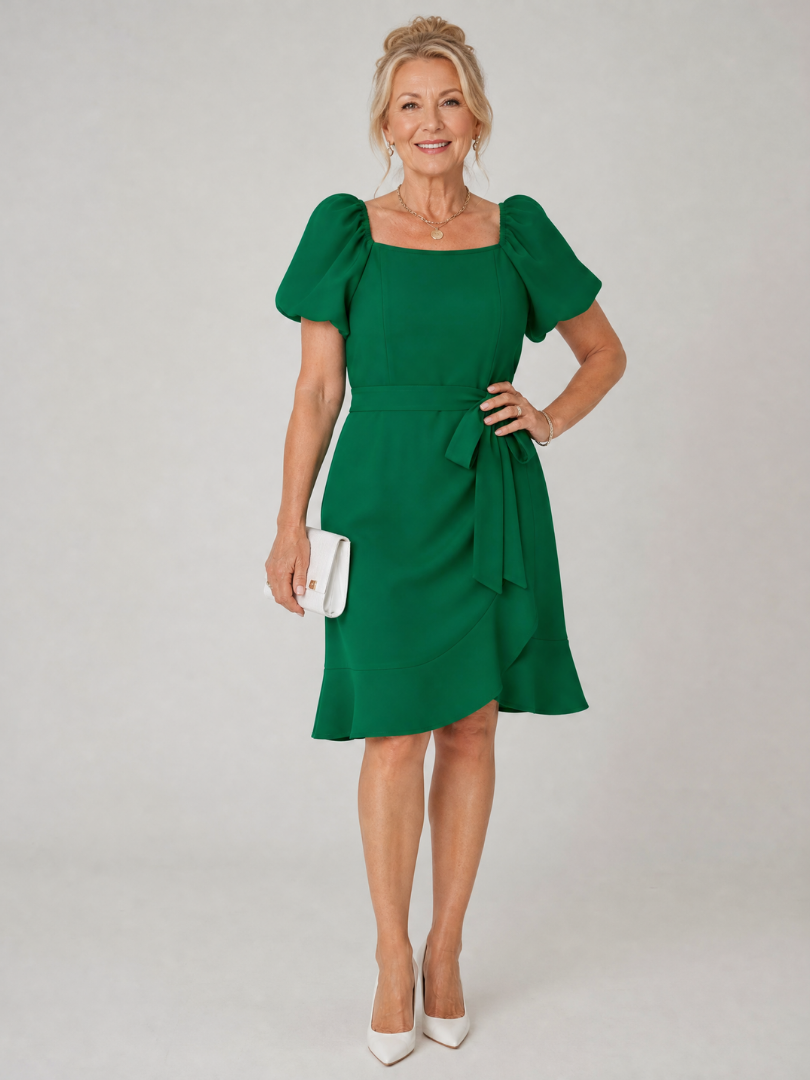 Women's Short Puff Sleeve Mini Dress with Side Tie for Casual Daytime