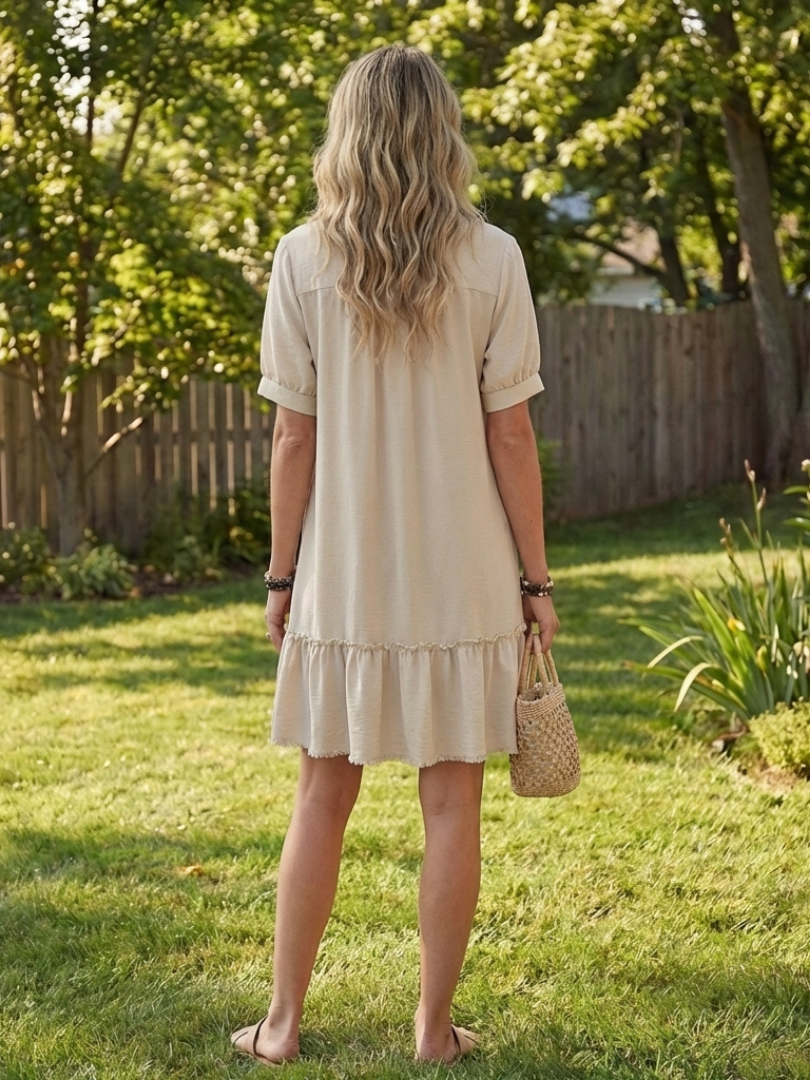 Women's Short Sleeve Button Front Dress with Ruffle Hem