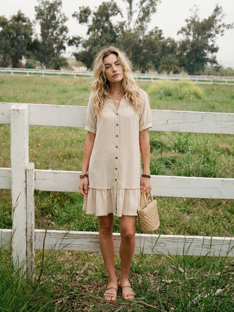 Women's Short Sleeve Button Front Dress with Ruffle Hem
