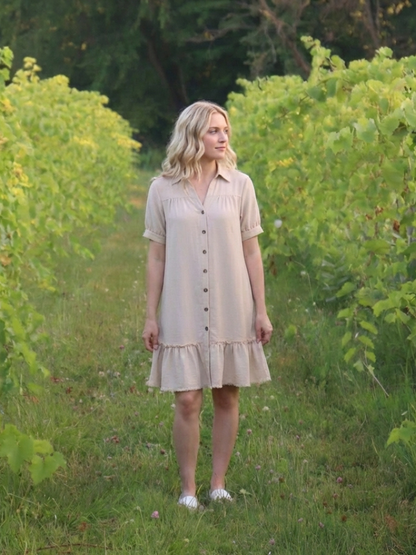 Women's Short Sleeve Button Front Dress with Ruffle Hem