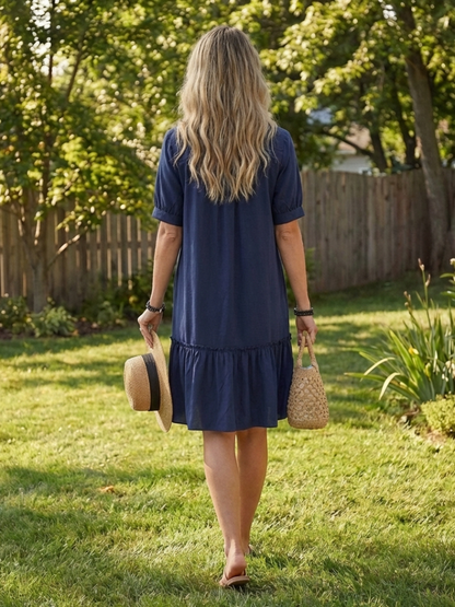 Women's Short Sleeve Button Front Dress with Ruffle Hem