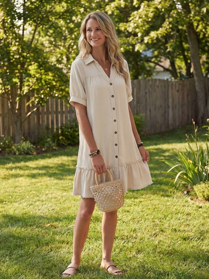 Women's Short Sleeve Button Front Dress with Ruffle Hem
