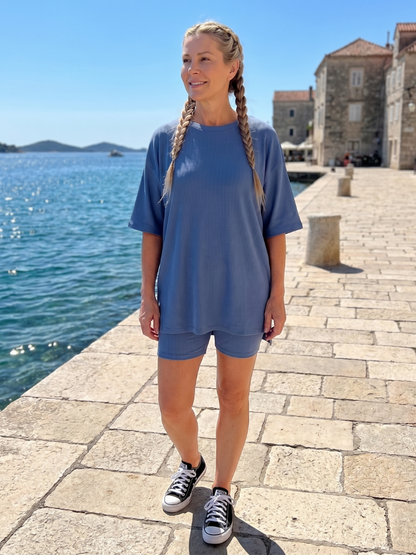 Women's Short Sleeve Top &amp; Biker Shorts Set with Relaxed Fit