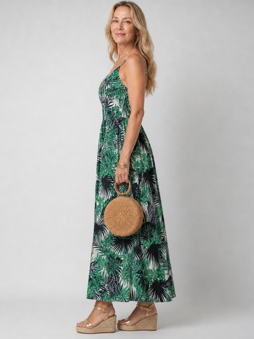 Women's Sleeveless Floral Print Midi Dress with V-Neck