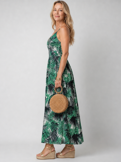 Women's Sleeveless Floral Print Midi Dress with V-Neck
