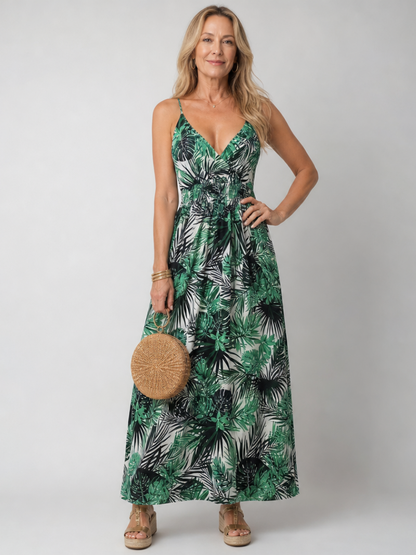 Women's Sleeveless Floral Print Midi Dress with V-Neck