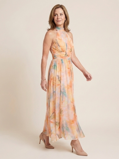 Women's Sleeveless High-Neck Midi Dress with Gathered Waist