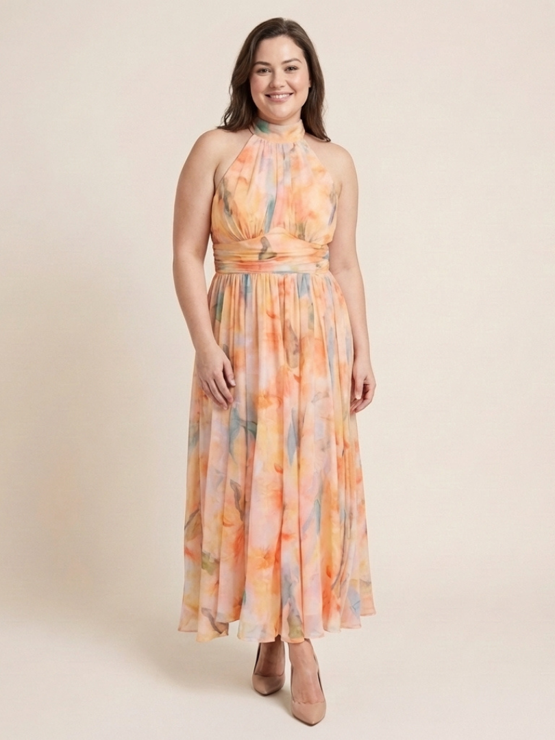Women's Sleeveless High-Neck Midi Dress with Gathered Waist