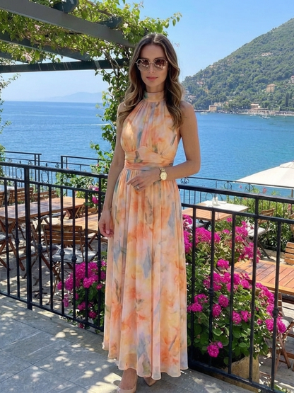 Women's Sleeveless High-Neck Midi Dress with Gathered Waist