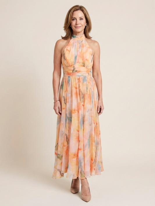 Women's Sleeveless High-Neck Midi Dress with Gathered Waist