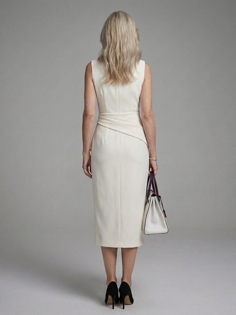 Women's Sleeveless Midi Dress with Asymmetric Draping for Work