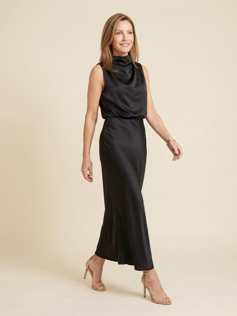 Women's Sleeveless Midi Dress with Draped Neck for Evening