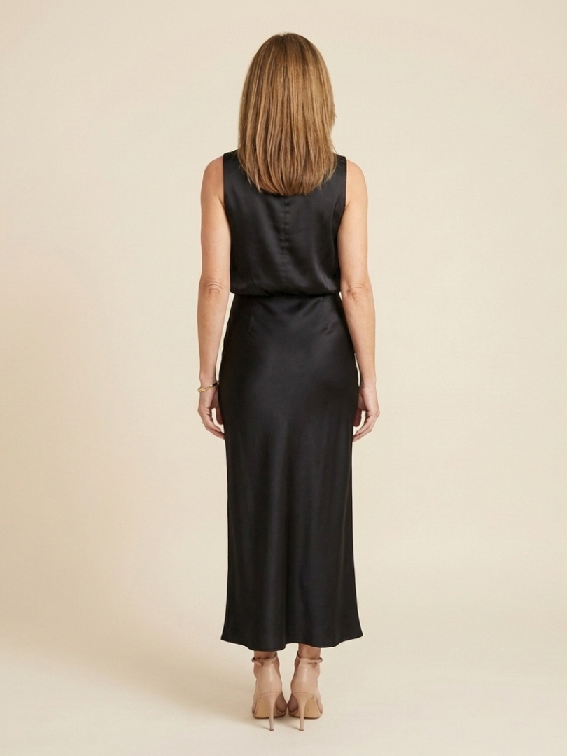 Women's Sleeveless Midi Dress with Draped Neck for Evening
