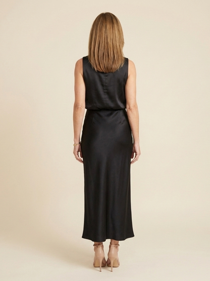 Women's Sleeveless Midi Dress with Draped Neck for Evening
