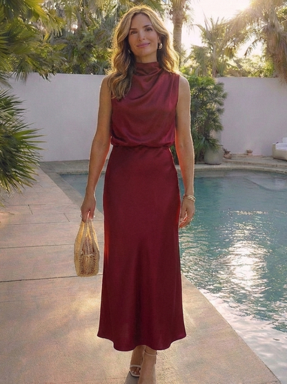 Women's Sleeveless Midi Dress with Draped Neck for Evening