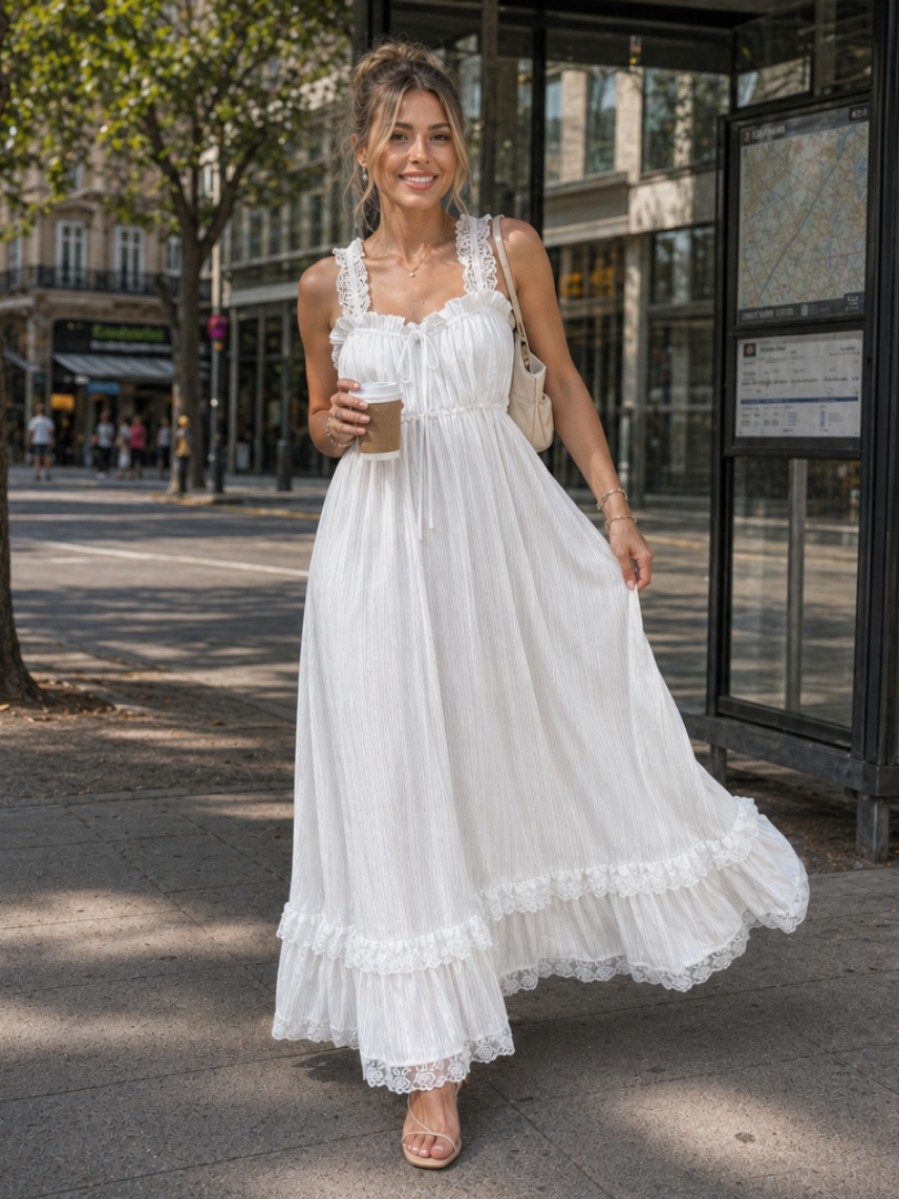 Women's Sleeveless Midi Dress with Ruffle Straps for Summer