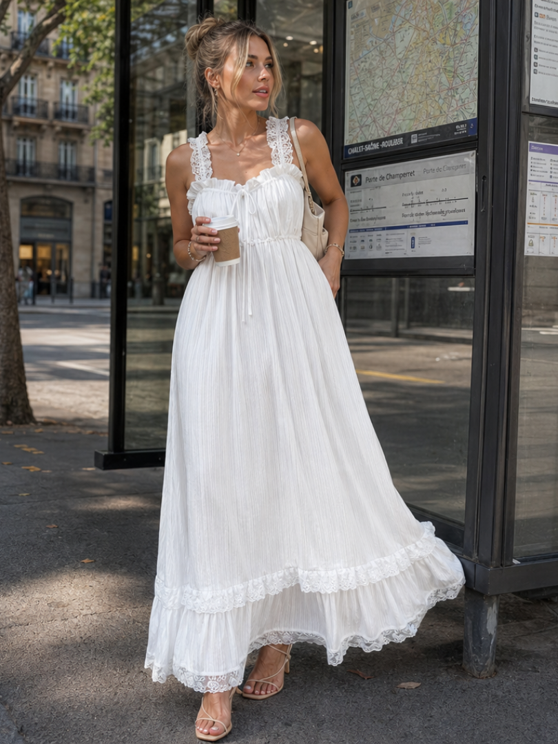 Women's Sleeveless Midi Dress with Ruffle Straps for Summer