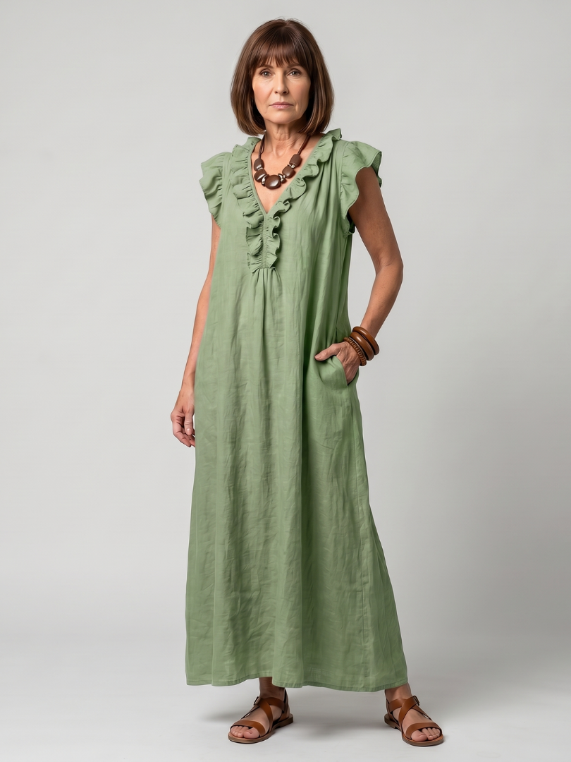 Women's Sleeveless Midi Dress with Ruffle Trim for Summer