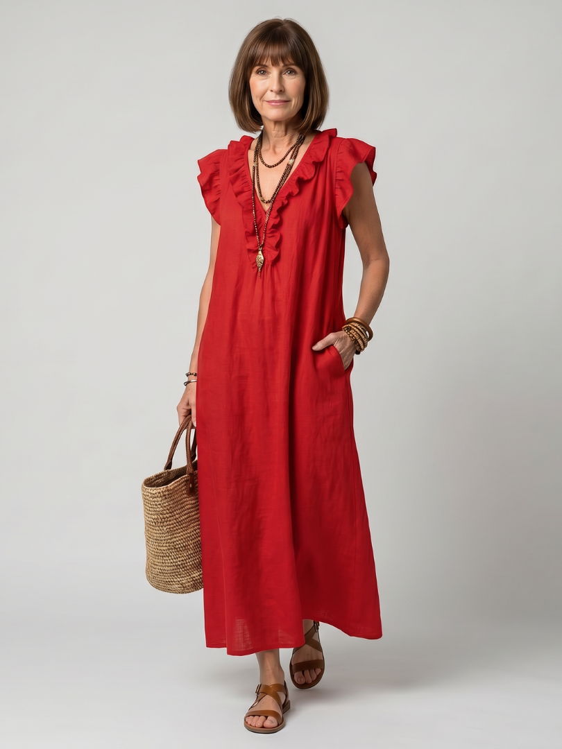 Women's Sleeveless Midi Dress with Ruffle Trim for Summer
