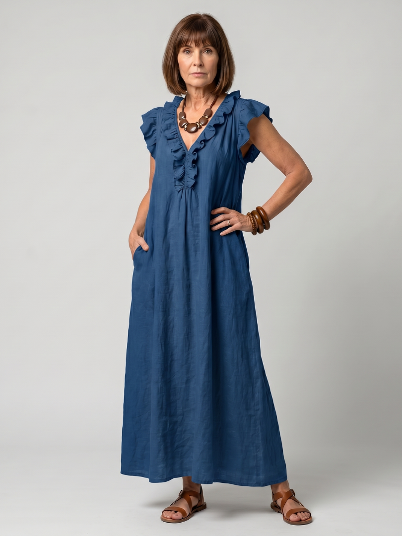 Women's Sleeveless Midi Dress with Ruffle Trim for Summer