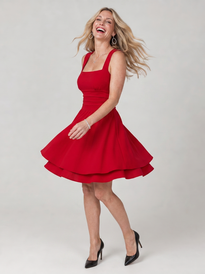 Women's Sleeveless Square-Neck Dress with Ruched Waist