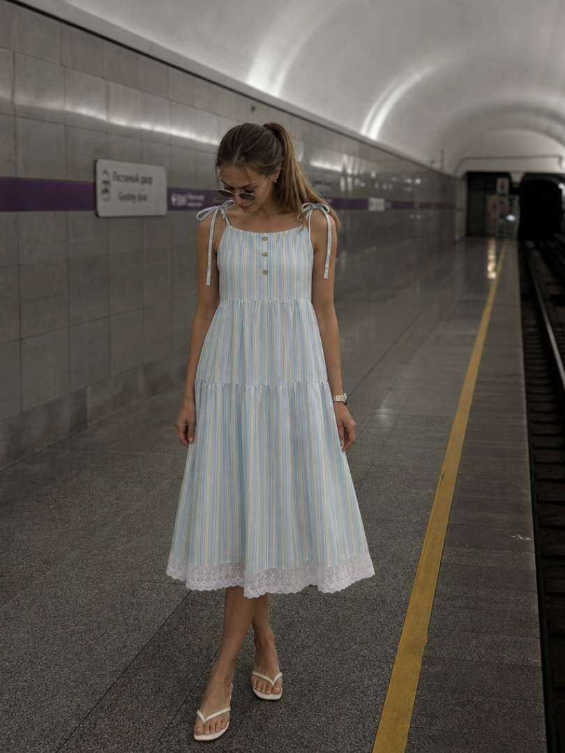 Women's Sleeveless Stripe Midi Dress with Straps for Summer