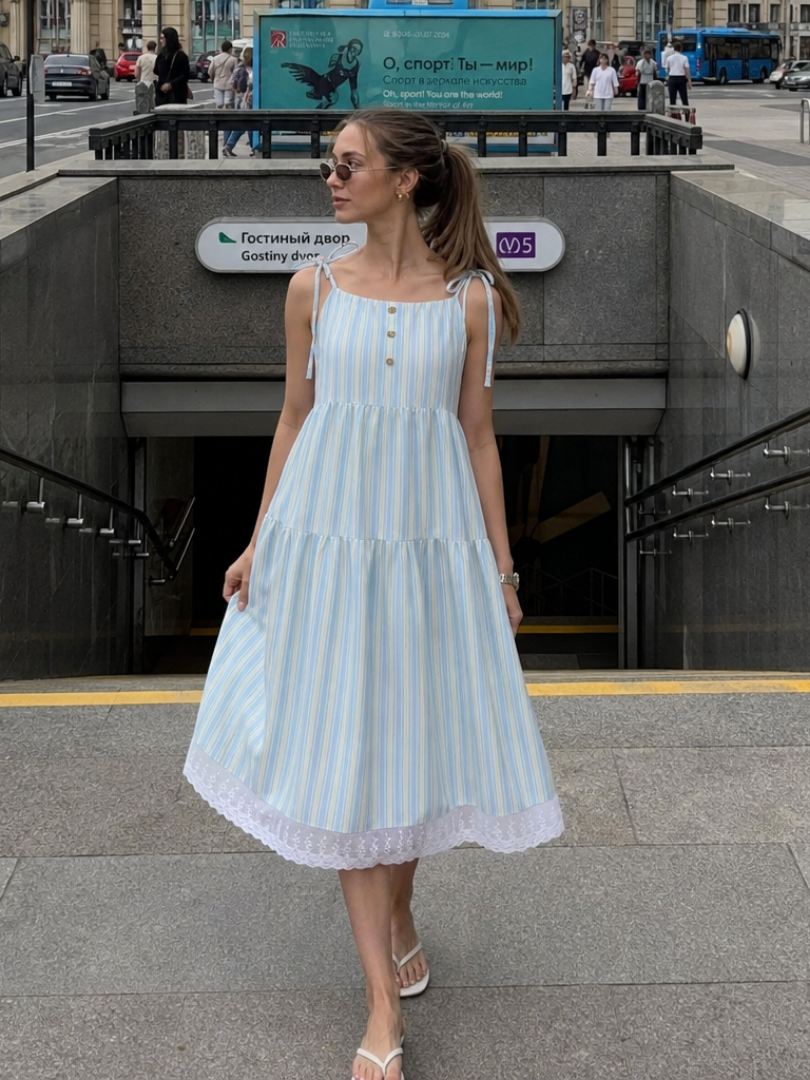 Women's Sleeveless Stripe Midi Dress with Straps for Summer