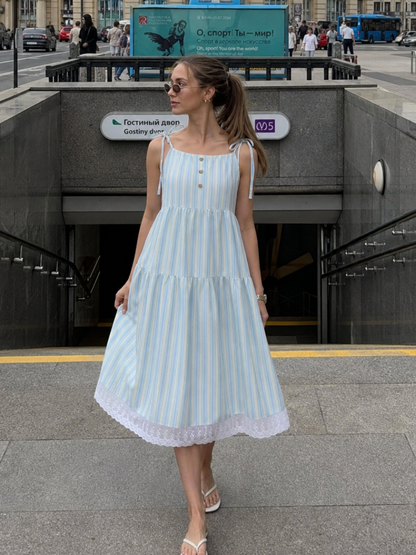 Women's Sleeveless Stripe Midi Dress with Straps for Summer