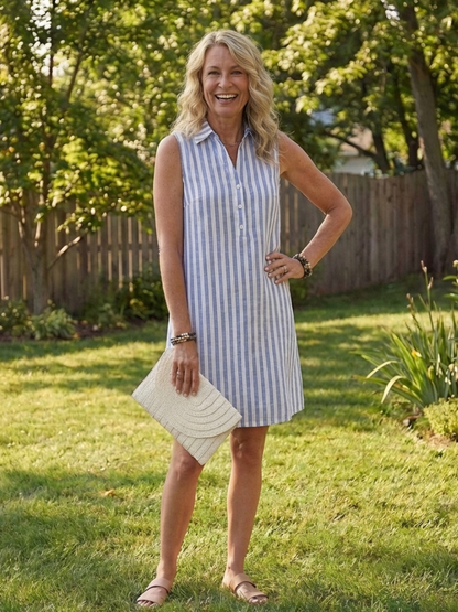 Women's Sleeveless Striped Shirt Dress with Button Front