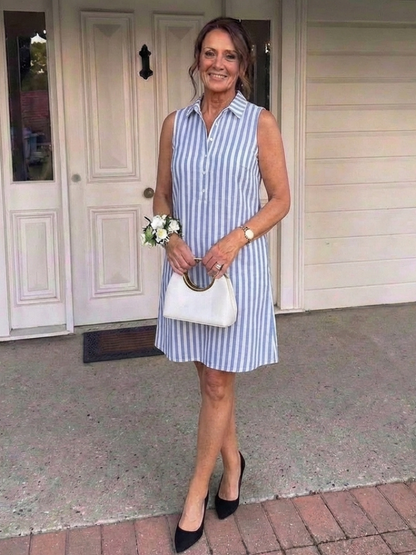 Women's Sleeveless Striped Shirt Dress with Button Front