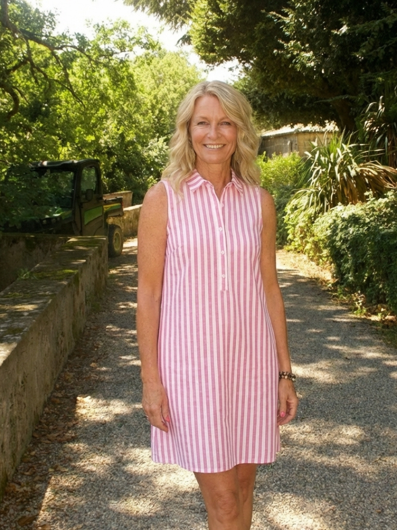Women's Sleeveless Striped Shirt Dress with Button Front