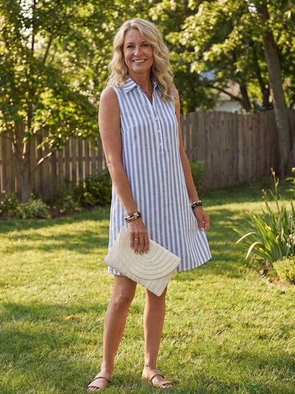 Women's Sleeveless Striped Shirt Dress with Button Front