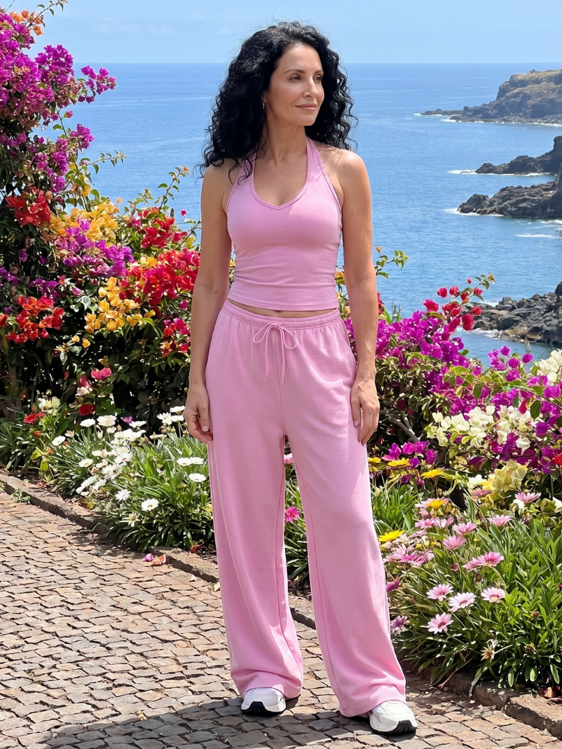 Women's Sleeveless Top and Wide Leg Set with Drawstring