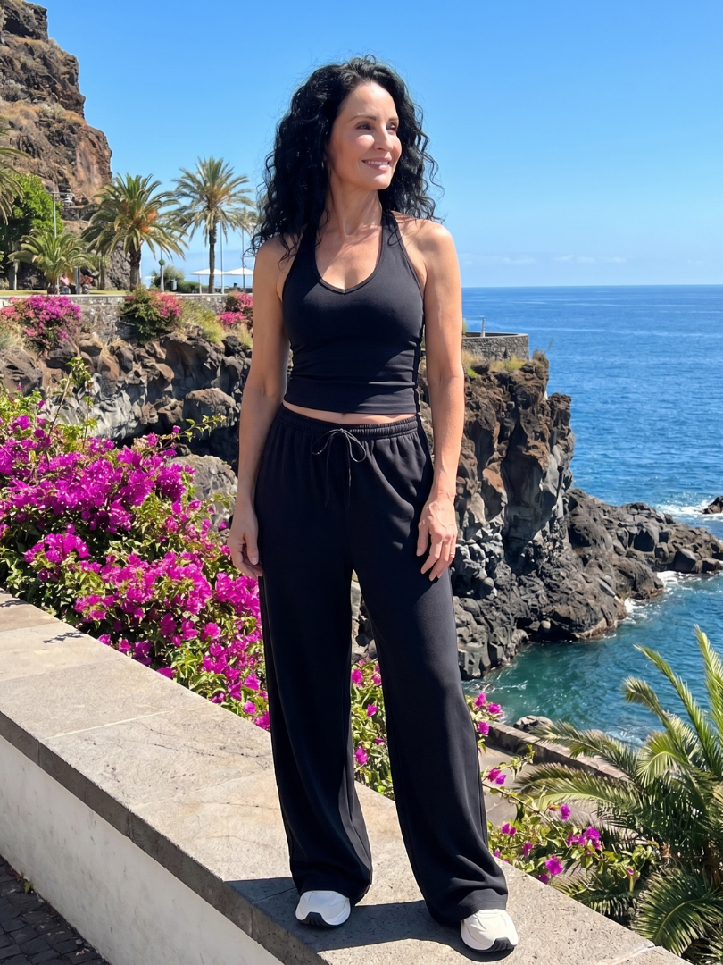 Women's Sleeveless Top and Wide Leg Set with Drawstring