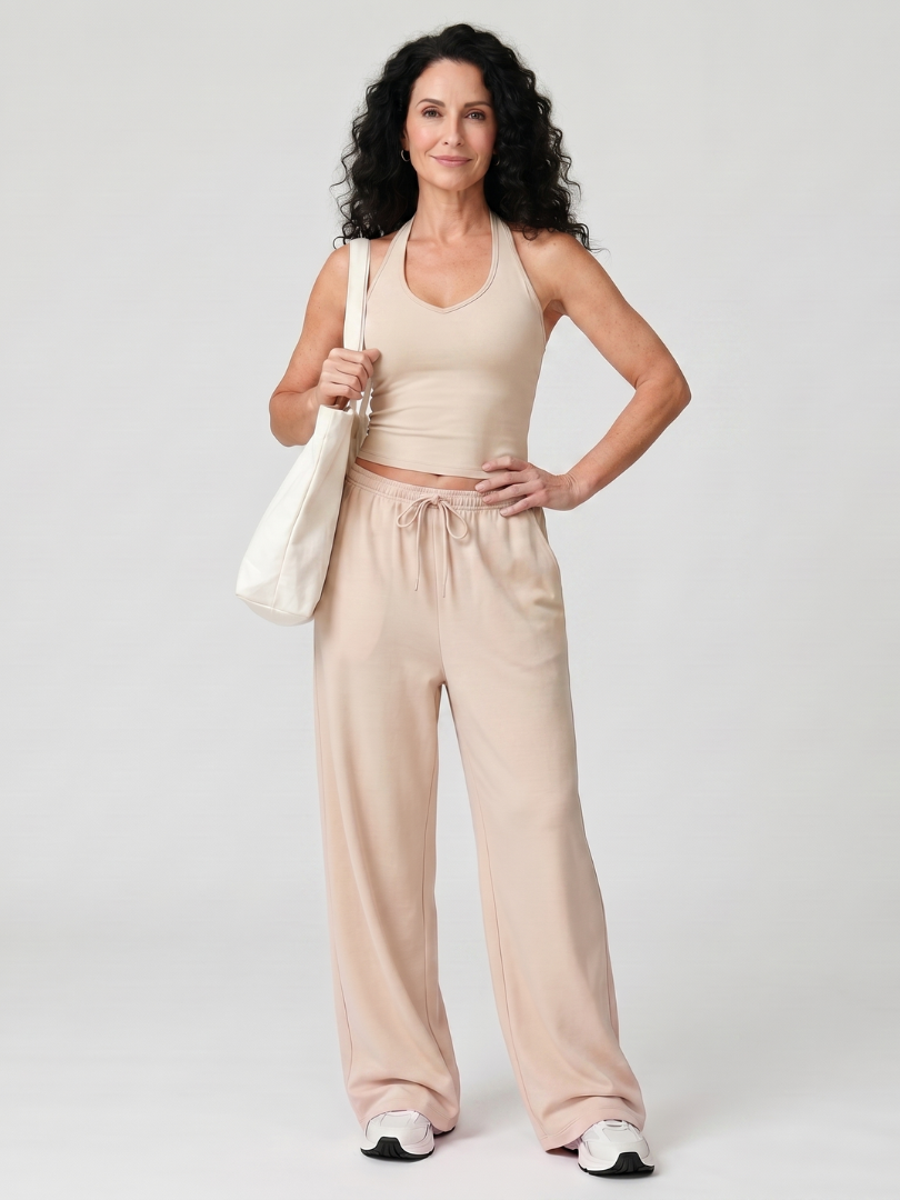 Women's Sleeveless Top and Wide Leg Set with Drawstring