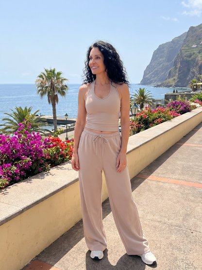 Women's Sleeveless Top and Wide Leg Set with Drawstring