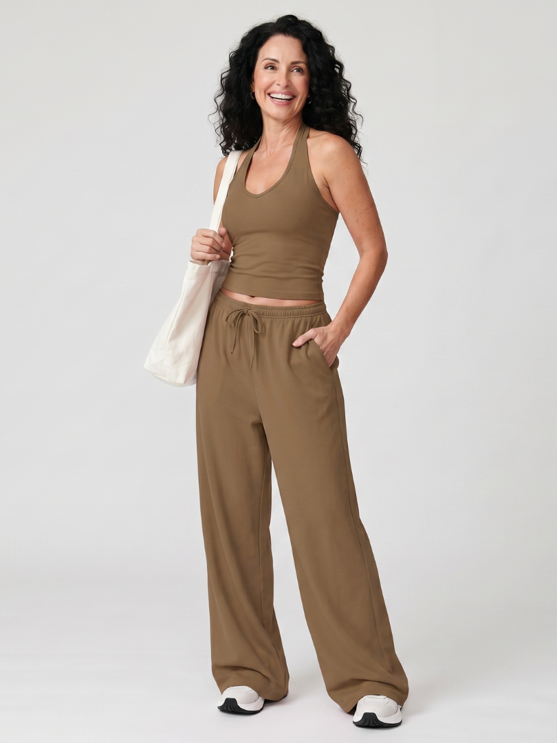 Women's Sleeveless Top and Wide Leg Set with Drawstring