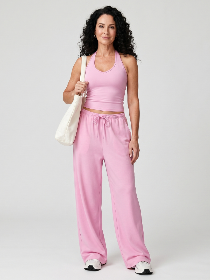 Women's Sleeveless Top and Wide Leg Set with Drawstring