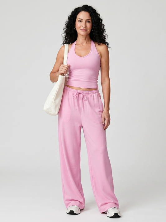 Women's Sleeveless Top and Wide Leg Set with Drawstring