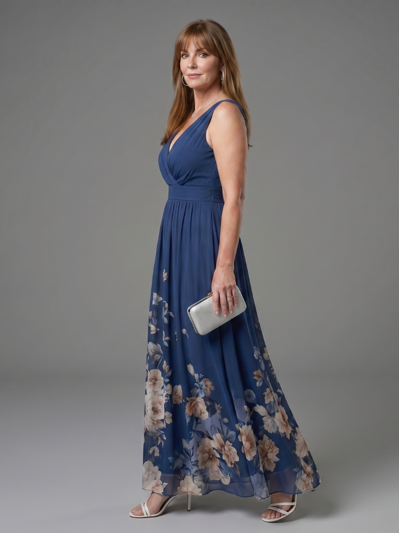 Women's Sleeveless V-Neck Midi Dress with Floral Hem
