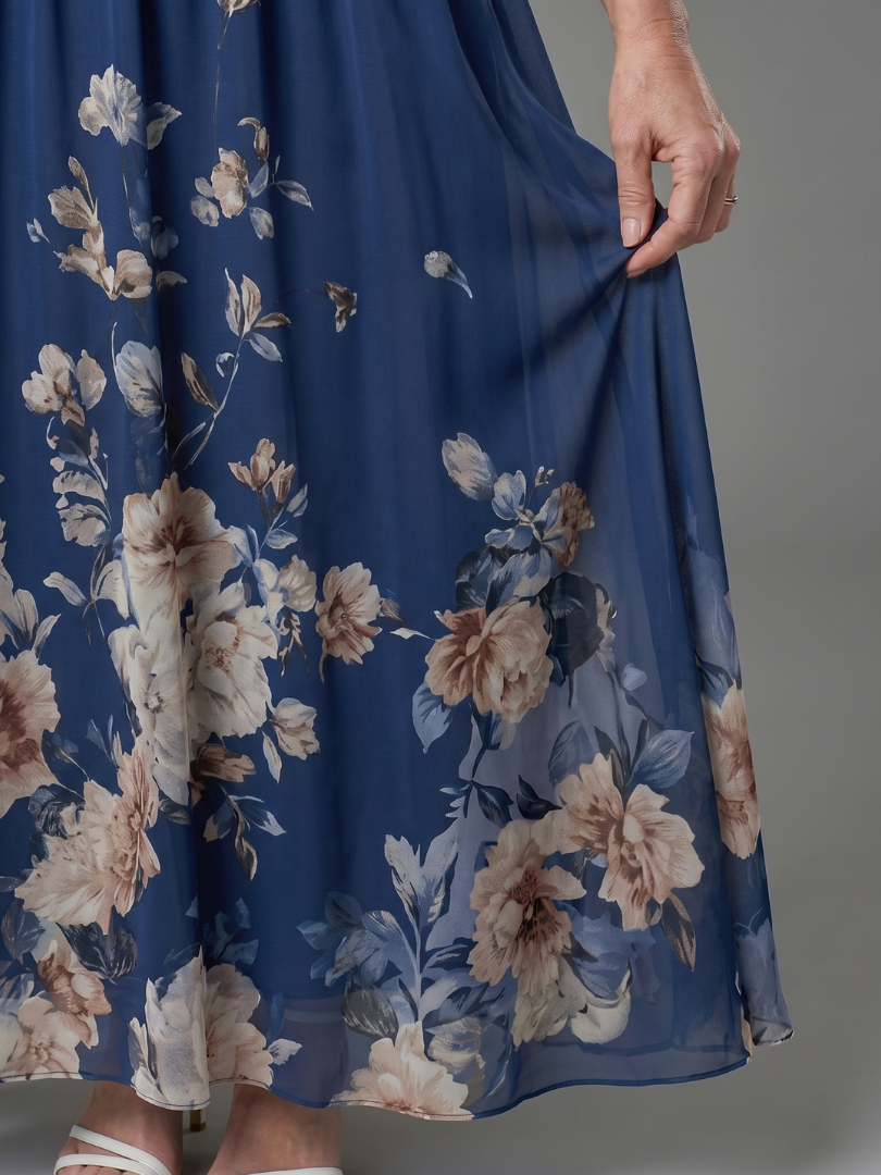 Women's Sleeveless V-Neck Midi Dress with Floral Hem
