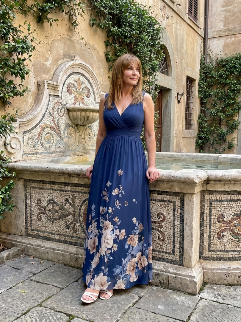 Women's Sleeveless V-Neck Midi Dress with Floral Hem