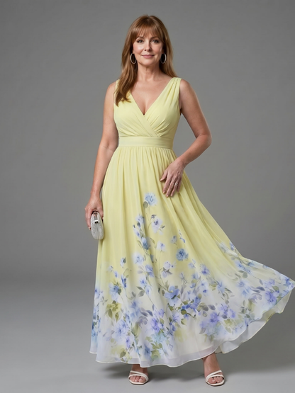 Women's Sleeveless V-Neck Midi Dress with Floral Hem