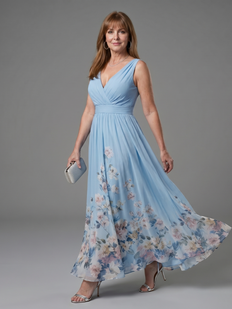 Women's Sleeveless V-Neck Midi Dress with Floral Hem