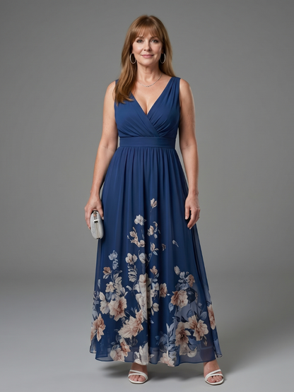 Women's Sleeveless V-Neck Midi Dress with Floral Hem