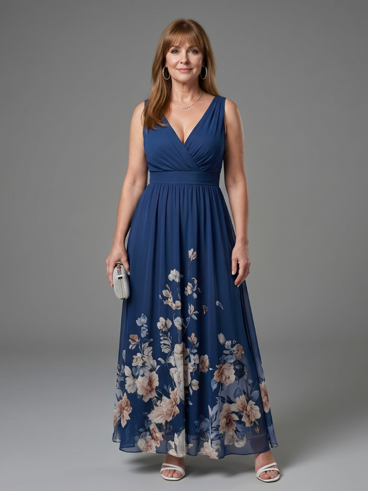 Women's Sleeveless V-Neck Midi Dress with Floral Hem