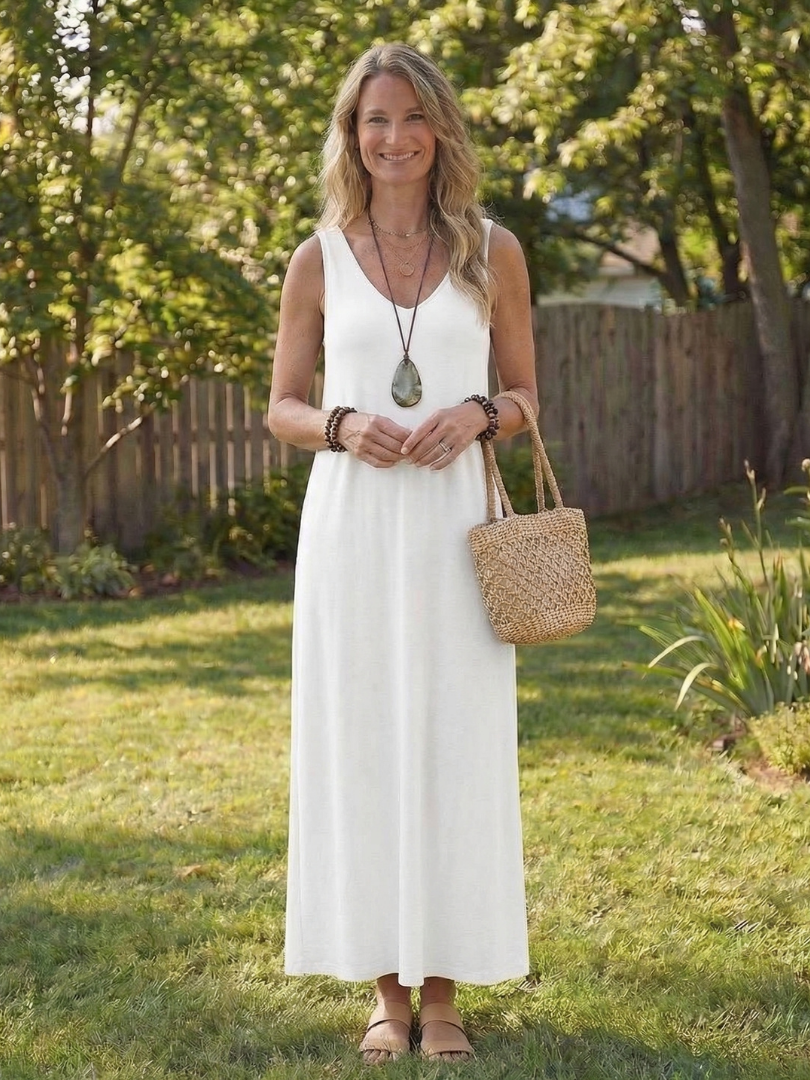 Women's Sleeveless V-Neck Midi Dress with Side Slit - Summer