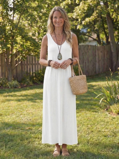 Women's Sleeveless V-Neck Midi Dress with Side Slit - Summer